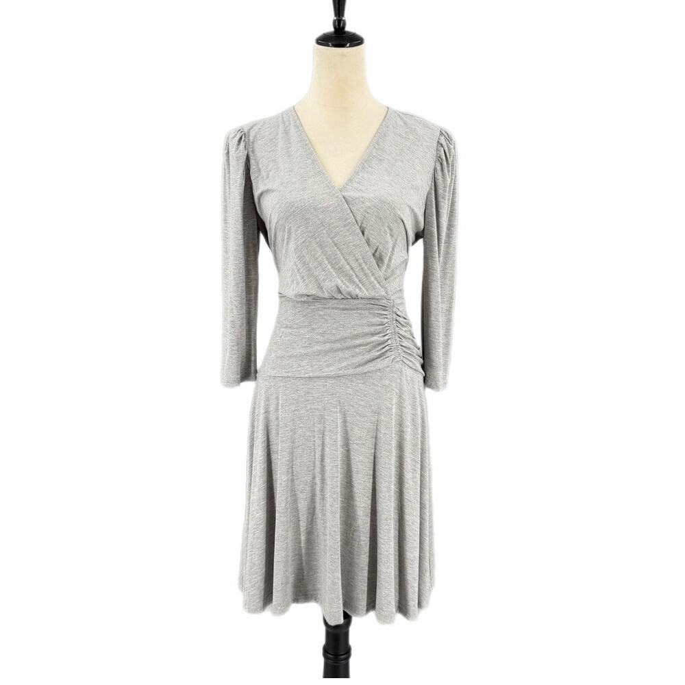 Calvin Klein Gray Heather Jersey Ruched Faux Wrap Effortless Workwear Chic Dress